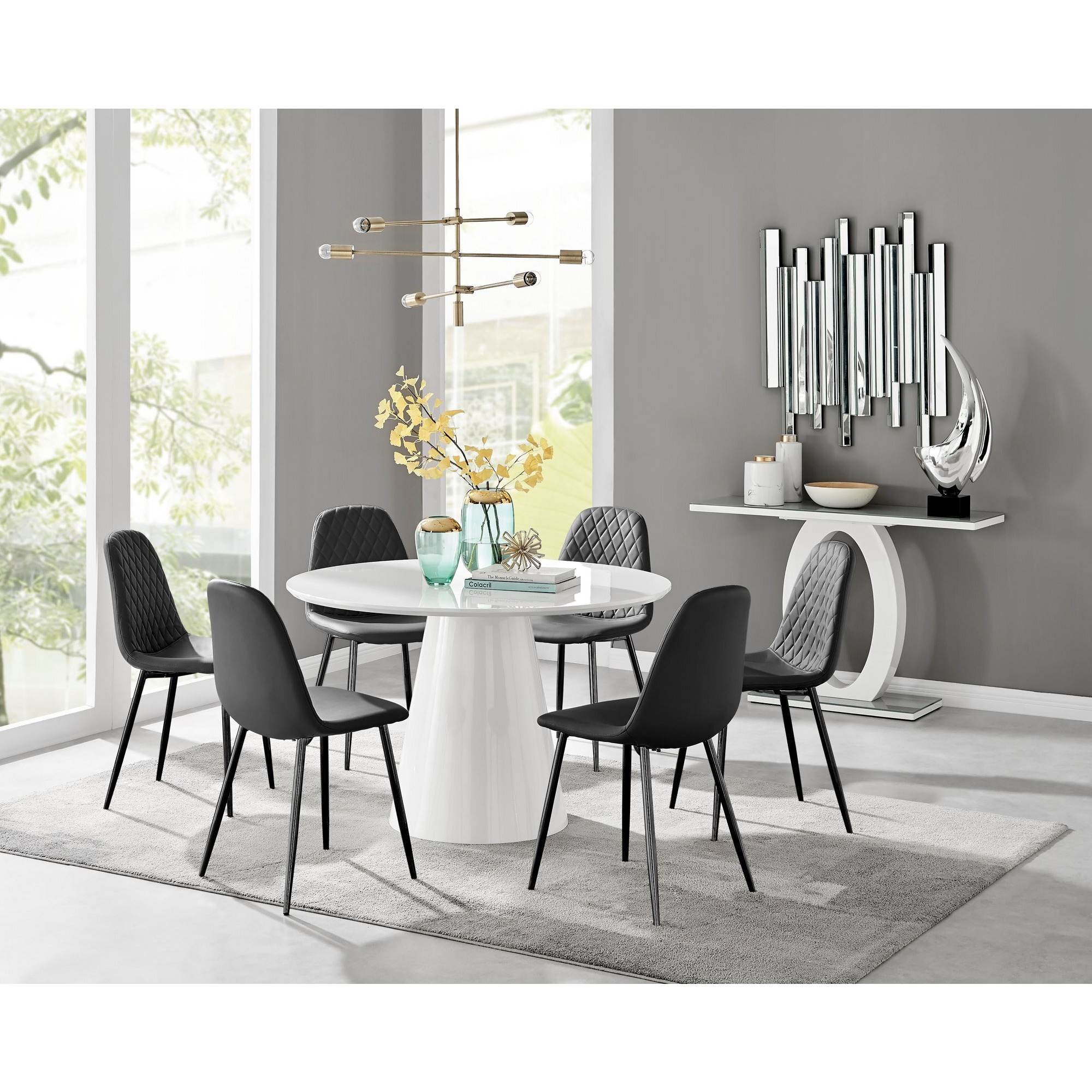 Palma White High Gloss Round Dining Table & 6 Corona Black Leg Chairs