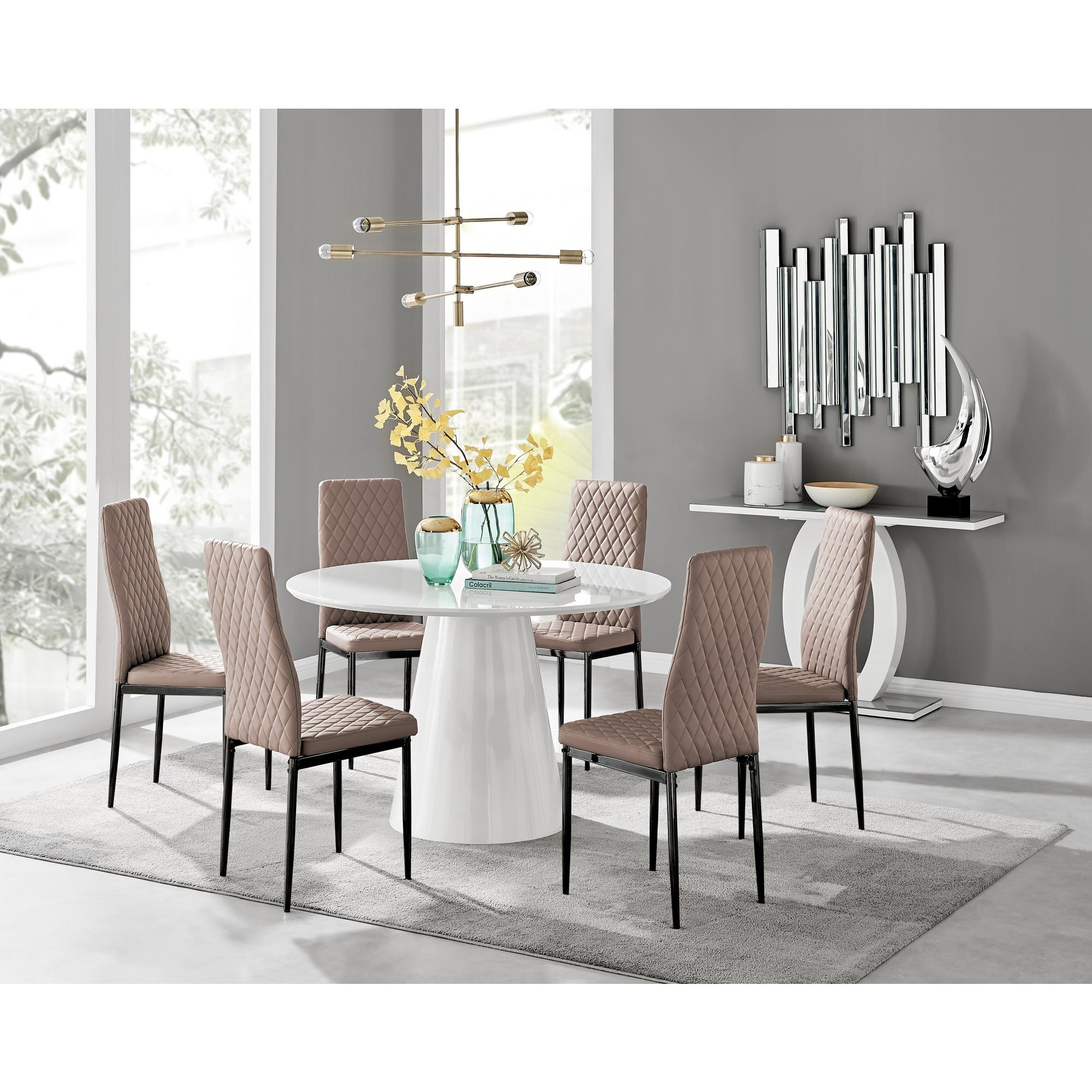 Palma White High Gloss Round Dining Table & 6 Milan Black Leg Chairs by