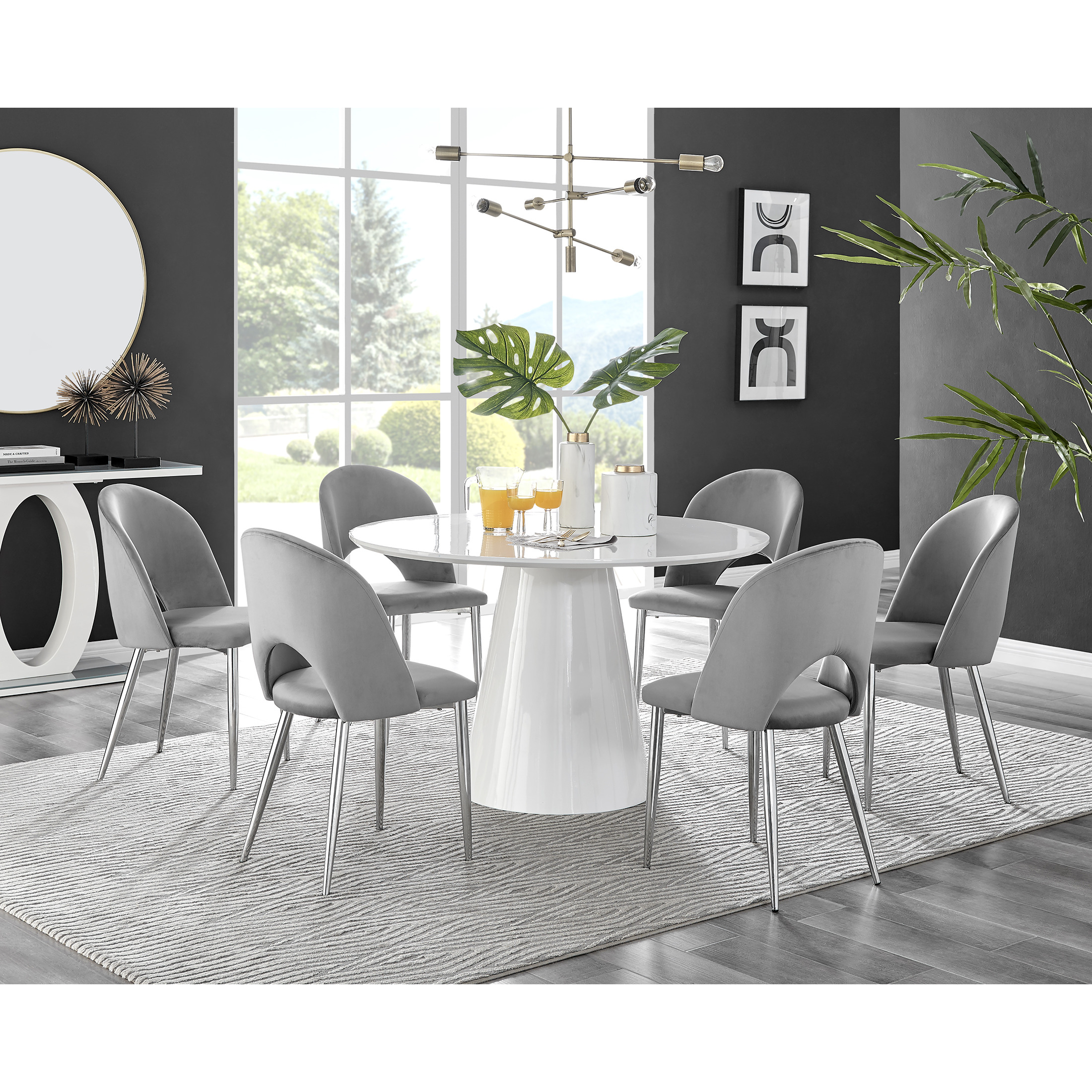 Palma White High Gloss Round Dining Table & 6 Arlon Silver Leg Chairs