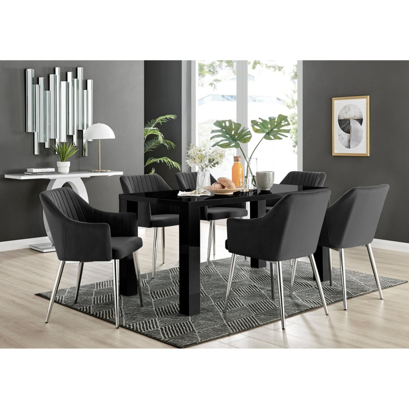 Pivero Black High Gloss Dining Table & 6 Black Calla Silver Leg Velvet