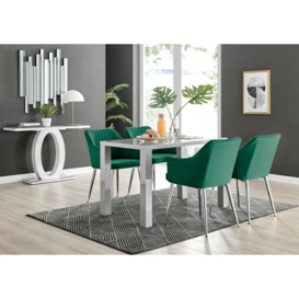 Pivero Grey High Gloss Dining Table & 4 Green Calla Silver Leg Velvet Chairs