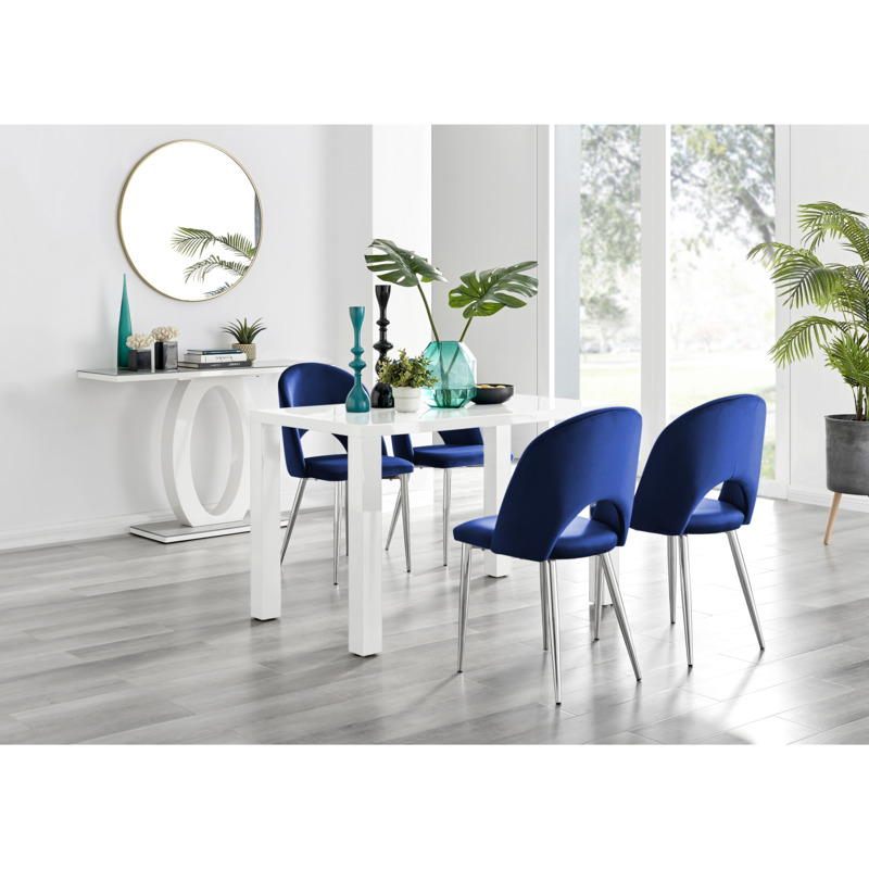 Pivero White High Gloss Dining Table & 4 Arlon Silver Leg Chairs by FurnitureBox