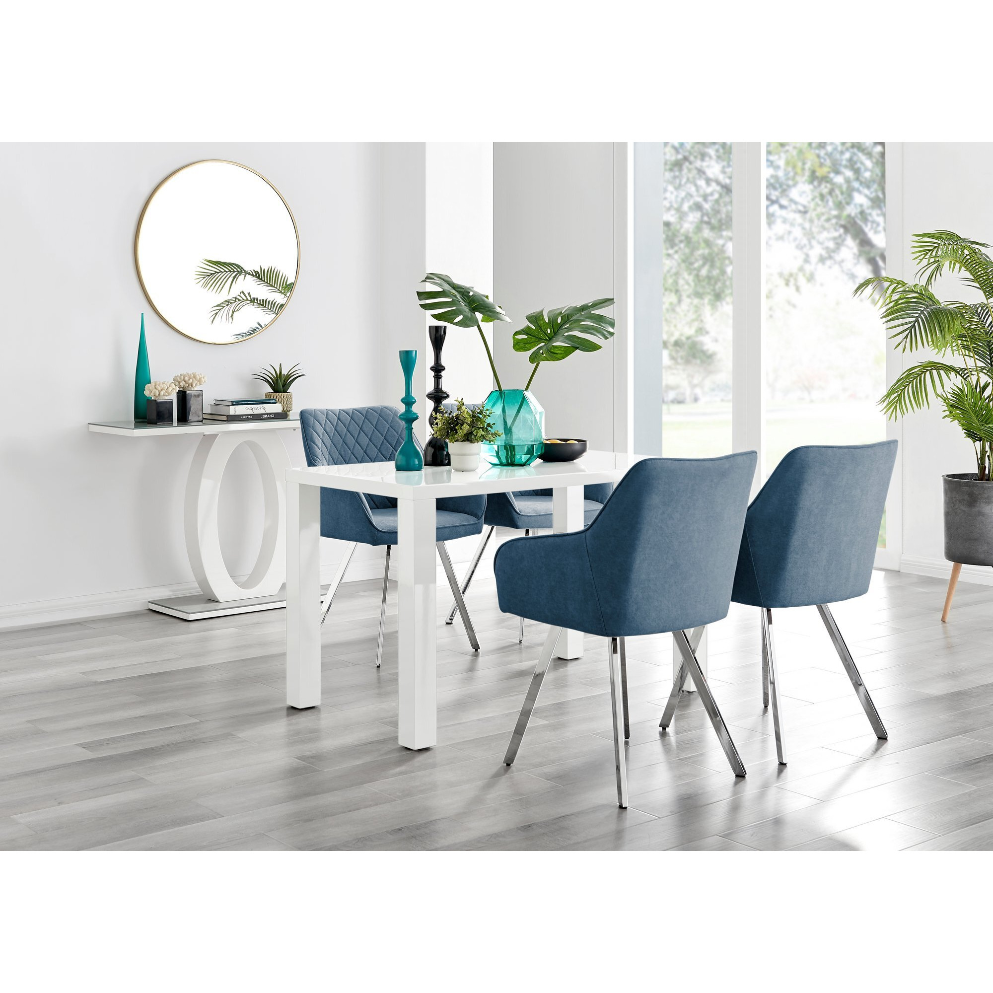 Pivero White High Gloss Dining Table & 4 Falun Silver Leg Chairs by FurnitureBox