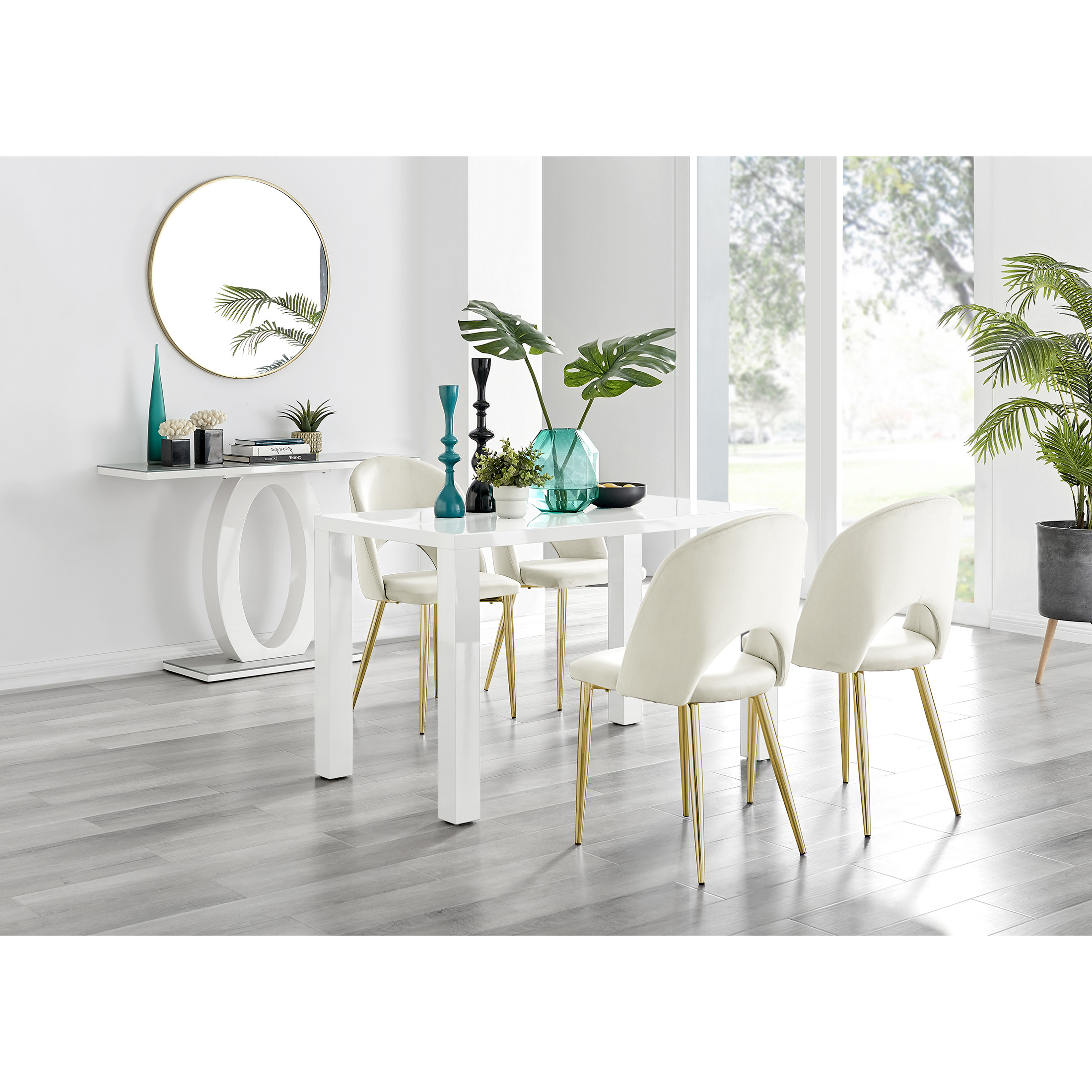 Pivero White High Gloss Dining Table & 4 Arlon Gold Leg Chairs by FurnitureBox
