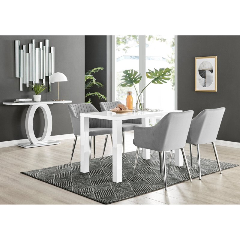 Pivero White High Gloss Dining Table & 4 Calla Silver Leg Velvet Chairs Furniturebox UK by