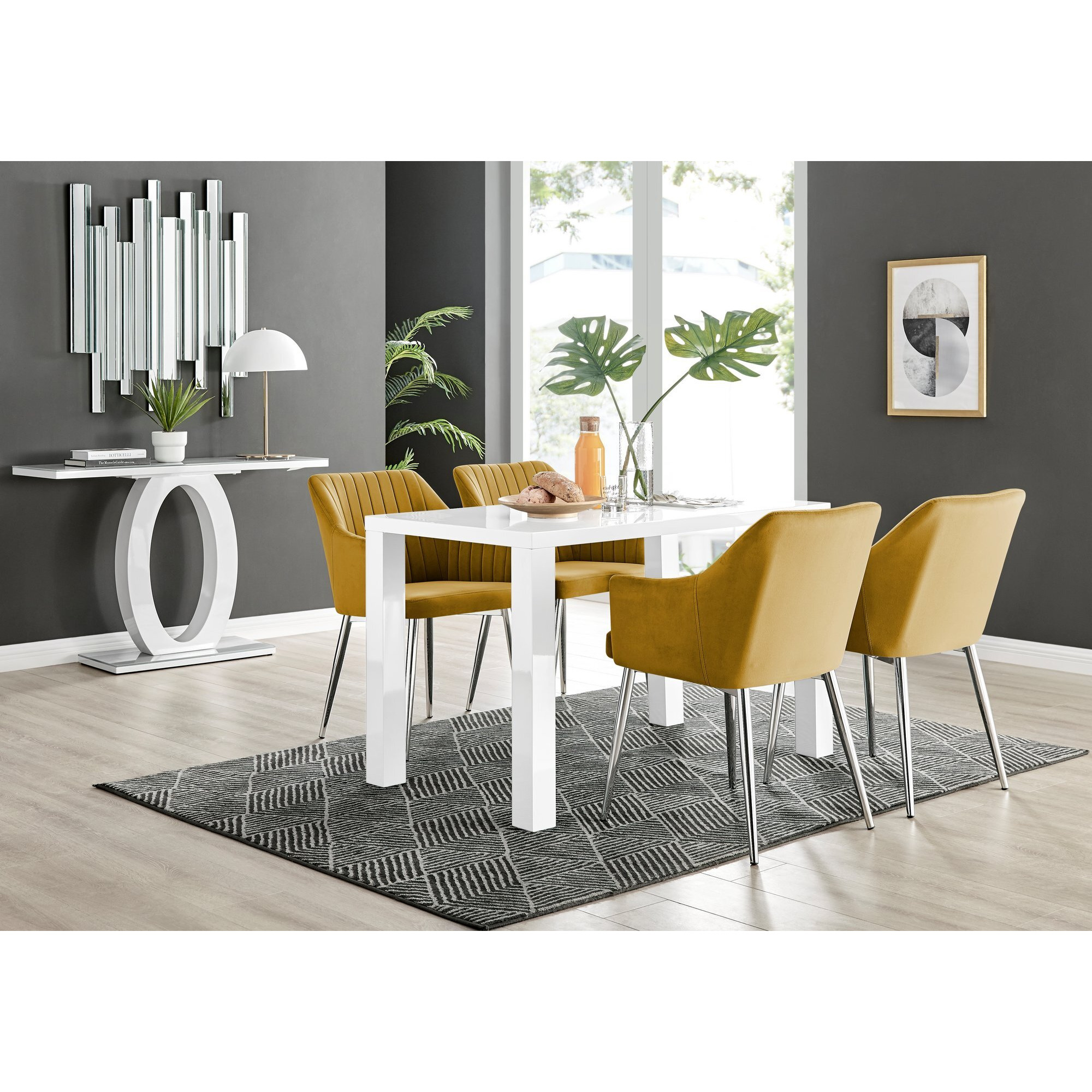 Pivero White High Gloss Dining Table & 4 Calla Silver Leg Velvet Chairs by FurnitureBox