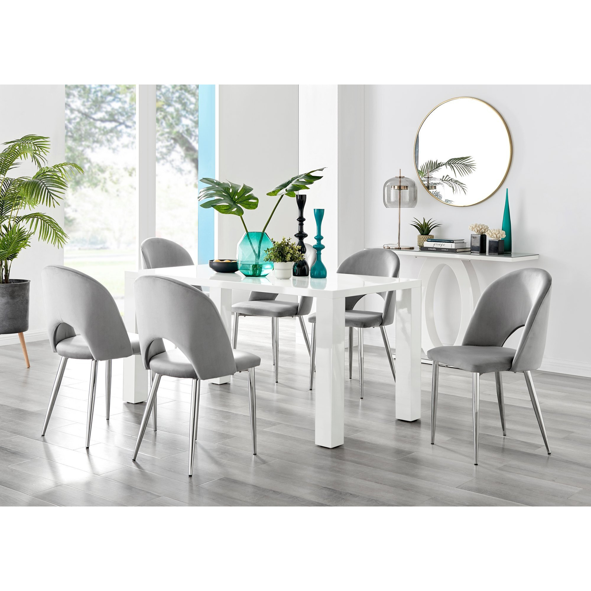 Pivero White High Gloss Dining Table & 6 Arlon Silver Leg Chairs by FurnitureBox