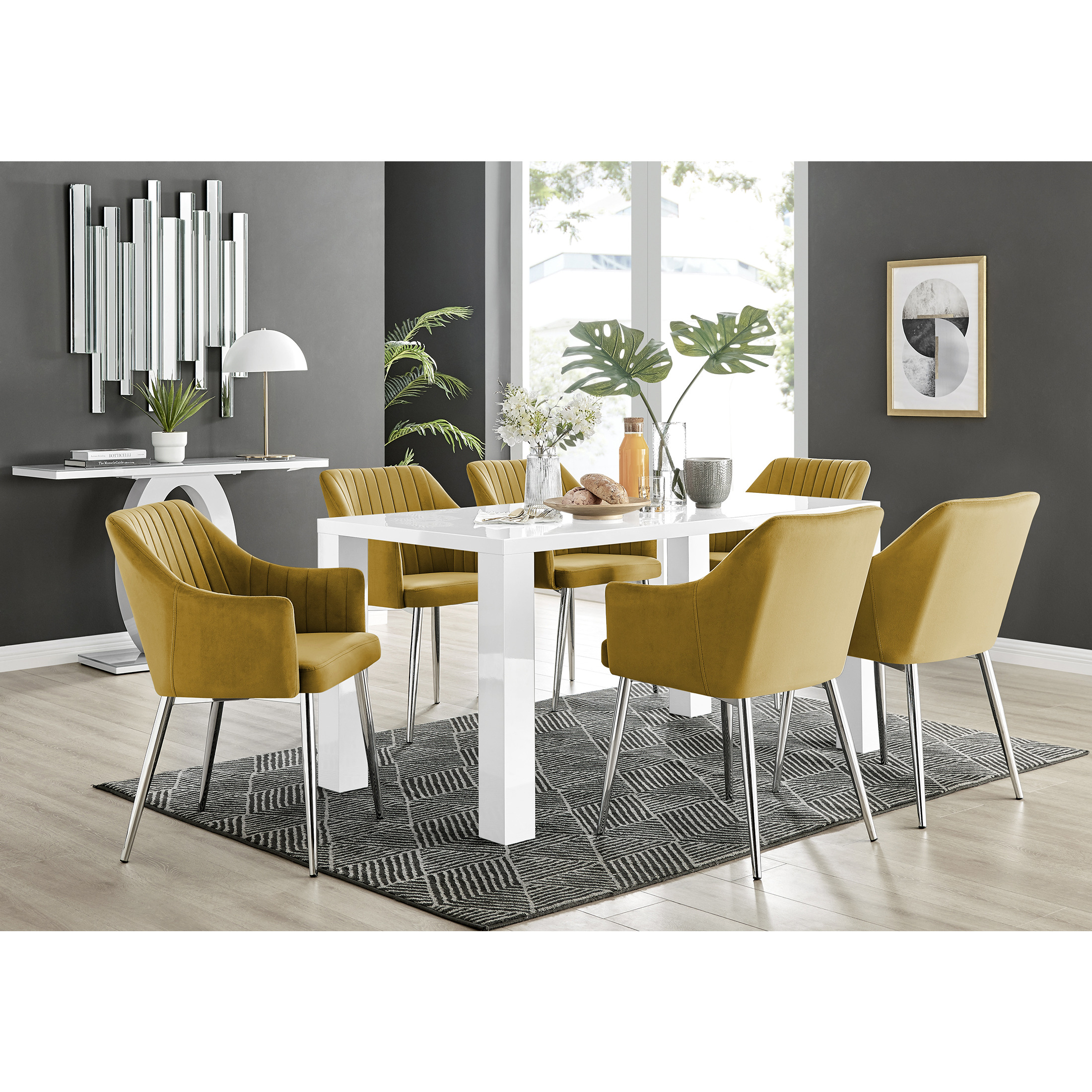 Pivero White High Gloss Dining Table & 6 Calla Silver Leg Velvet Chairs