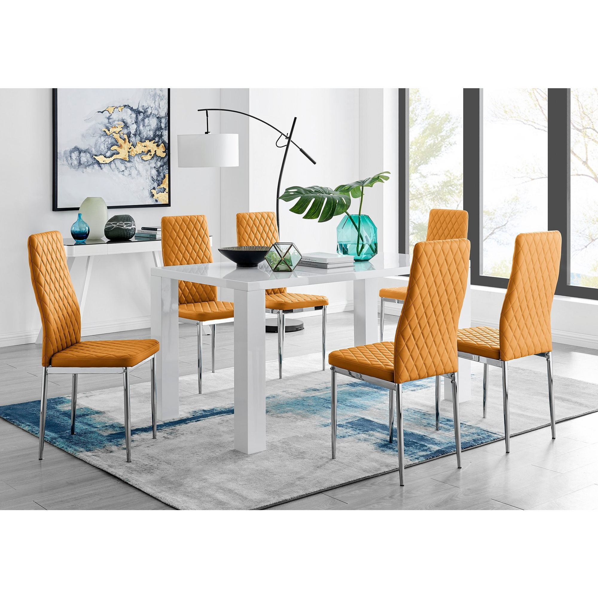 Pivero White High Gloss Dining Table And 6 Milan Chairs Set by FurnitureBox