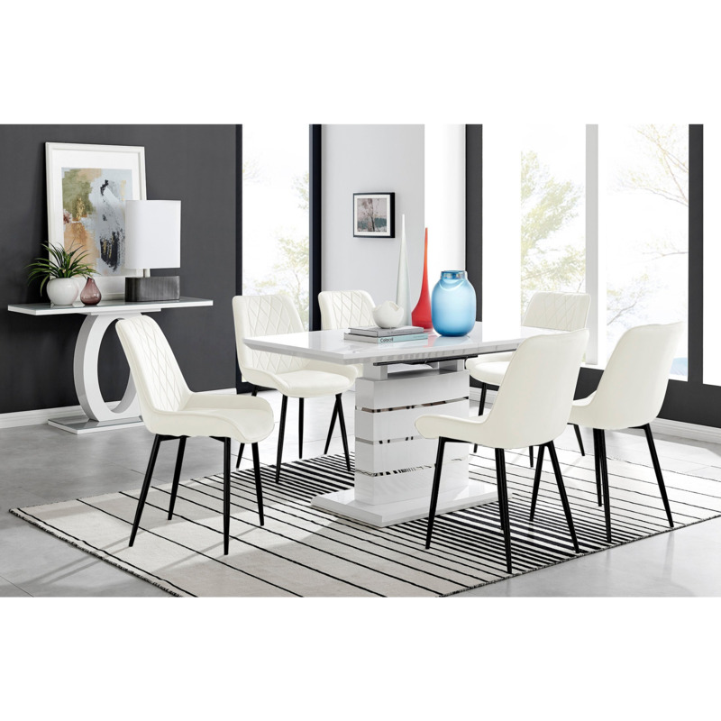 Renato High Gloss Extending Dining Table and 6 Cream Pesaro Black Leg