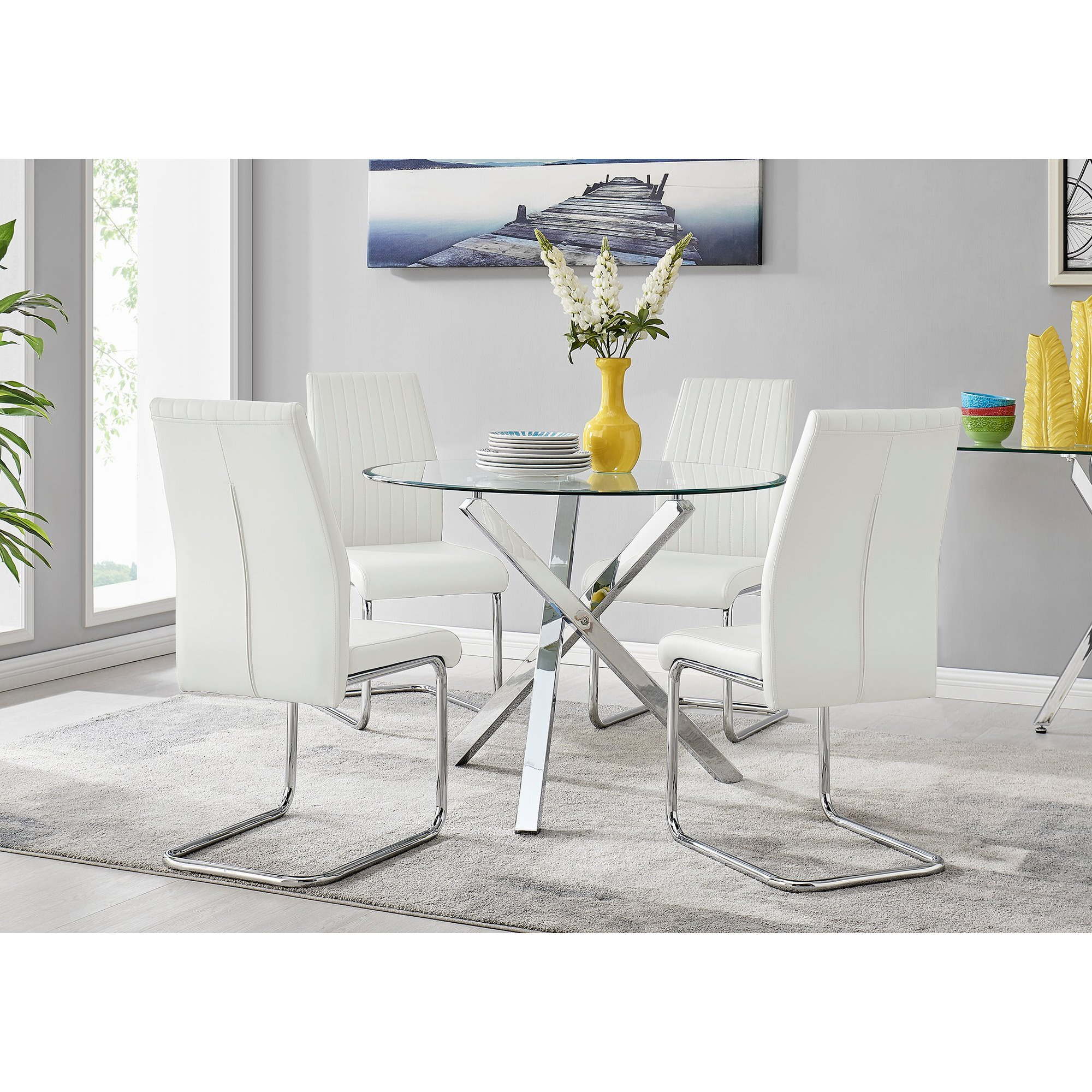 Selina Chrome Round Square Leg Glass Dining Table And 4 Lorenzo Chairs