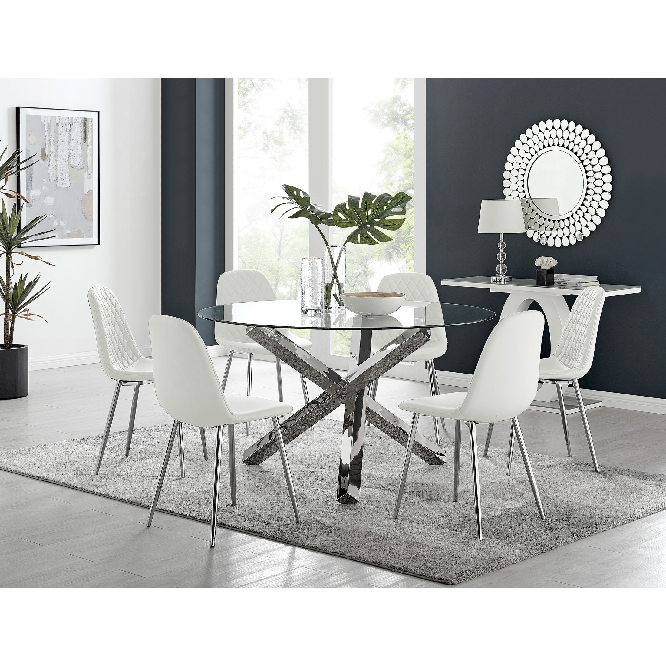 Vogue Large Round Chrome Metal Clear Glass Dining Table And 6 Corona