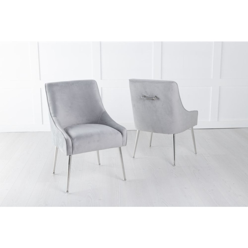 Gordon Light Grey Velvet Back Handle Dining Chair with Chrome Legs by