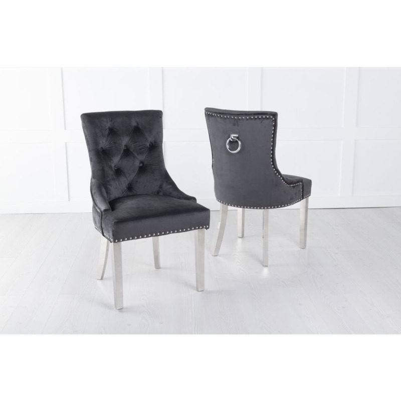 Black Velvet Knockerback Ring Dining Chair with Chrome Legs by