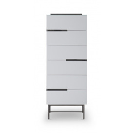 Gillmore Sleek - Contemporary Six Drawer Narrow Chest In White With Black Chrome Frame And Accents Frame/Handle Colour: Black Chrome, Unit Colour: Whi