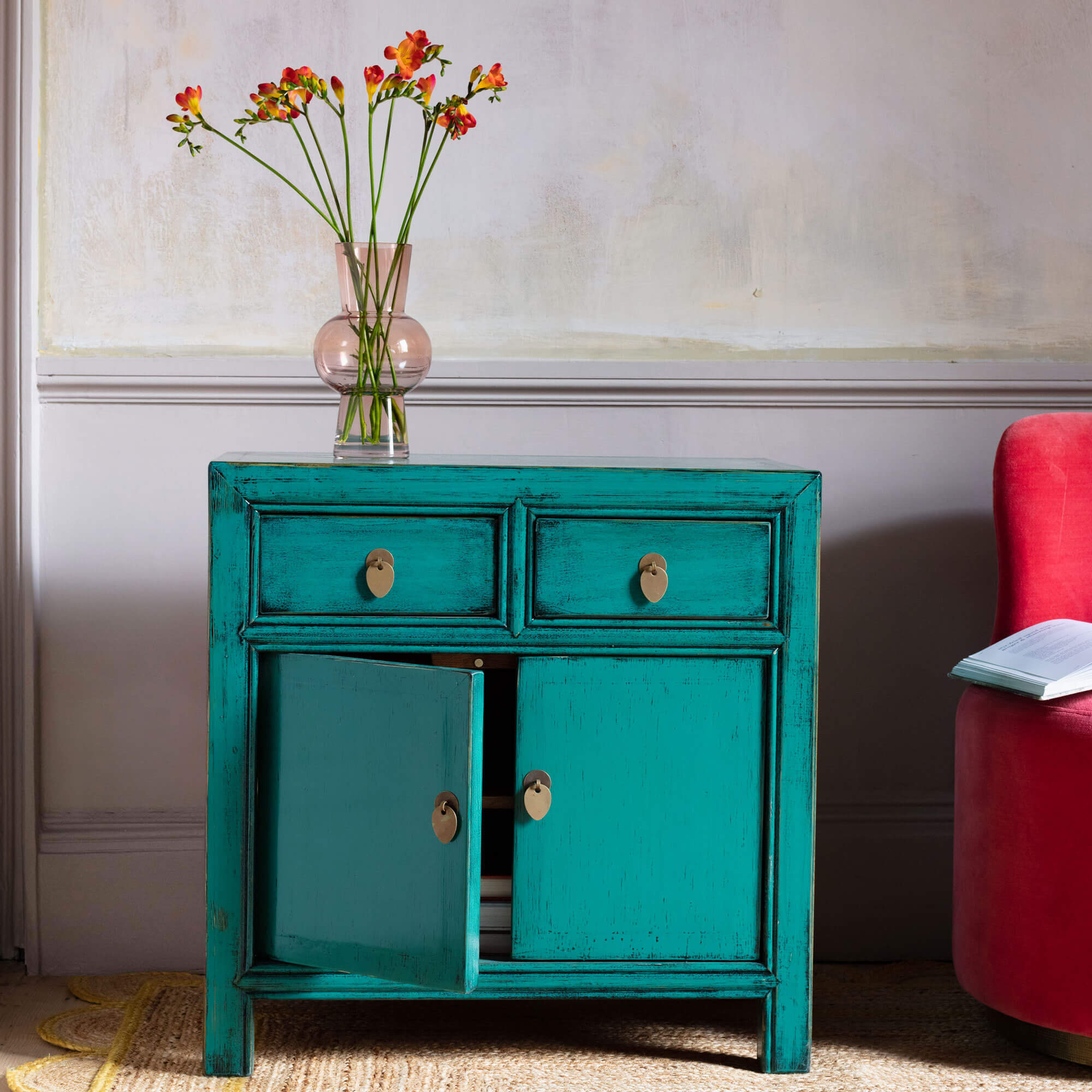 Graham and Green Leshan Peacock Small Two Door Two Drawer Sideboard by