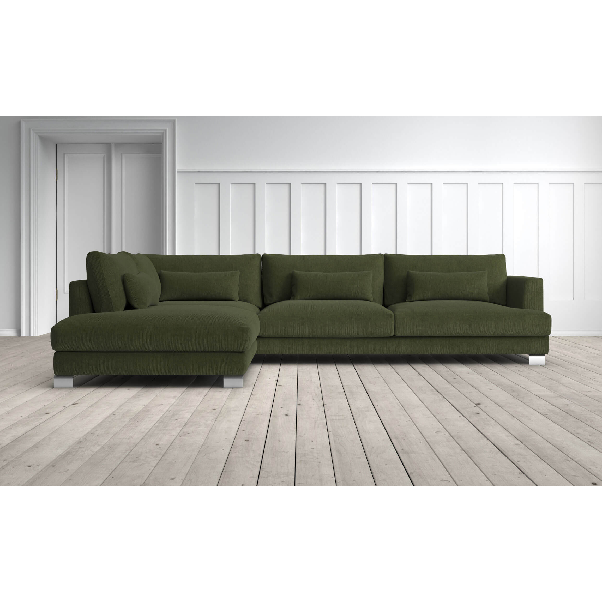 Graham and Green Dakota 3 Seater Left Chaise Sofa in Dark Green Cord by