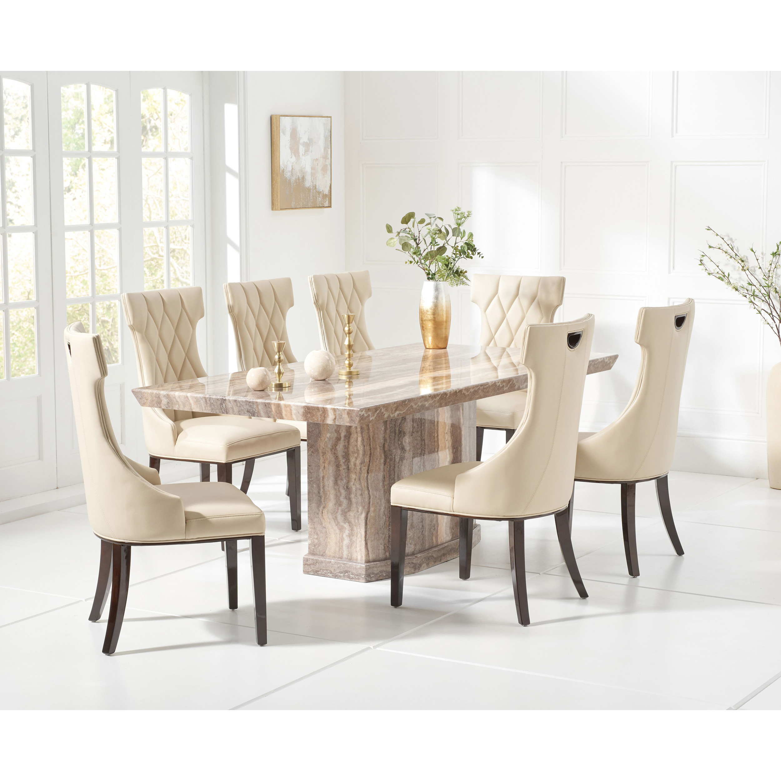 Carvelle 200cm Brown Pedestal Marble Dining Table with Freya Chairs by