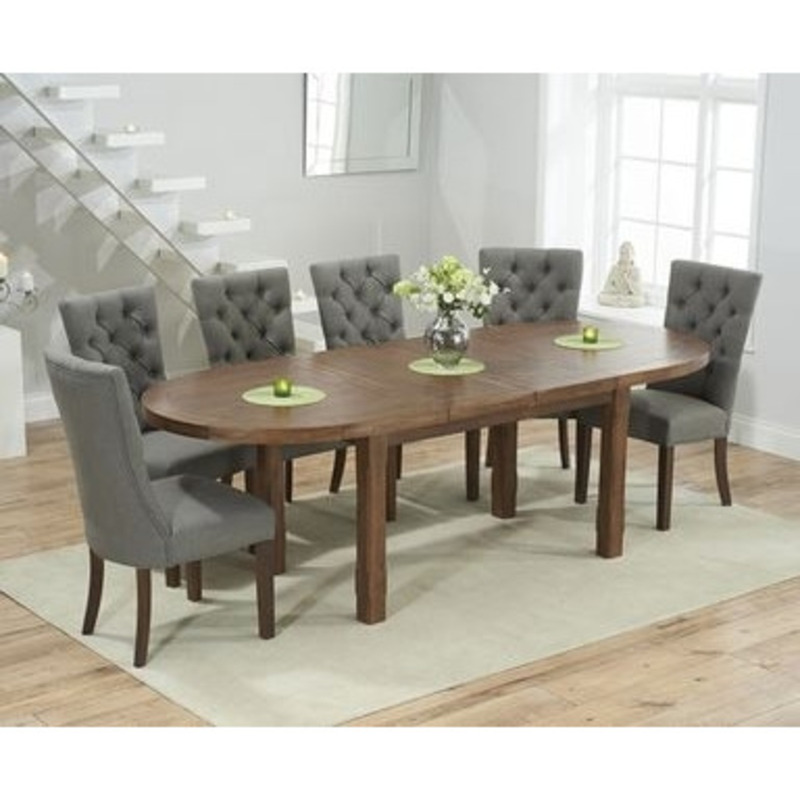Chelsea Dark Oak Extending Dining Table with 8 Anais Fabric Dark Oak