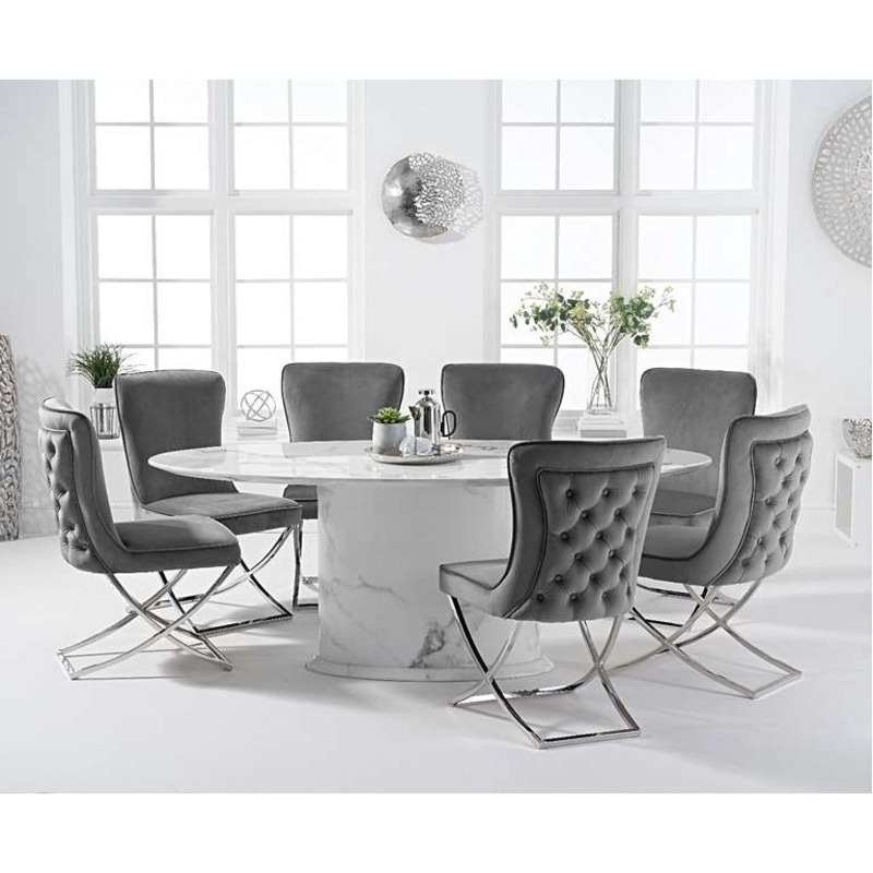 Coloseum 200cm Oval White Marble Dining Table with Giovanni Velvet