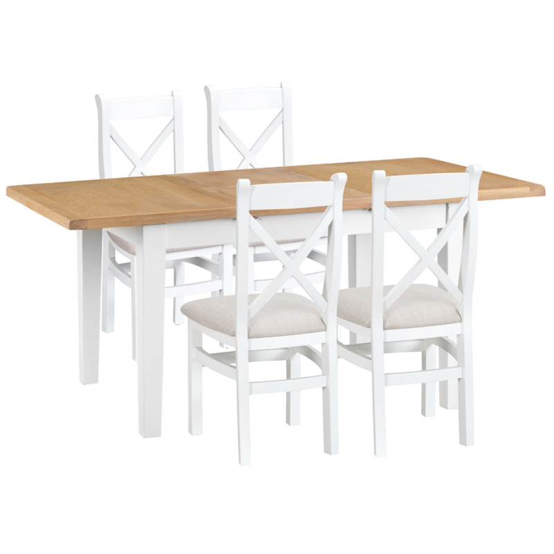 Ellen Oak and White 120cm Butterfly Extending Table with Cross Back Dining Chairs with Fabric