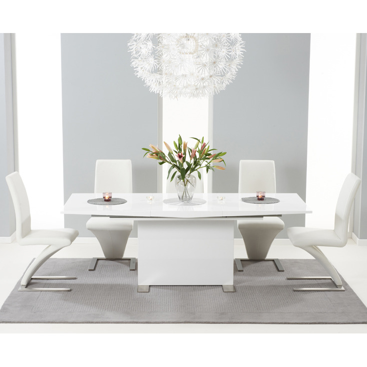 Modena 150cm White High Gloss Extending Dining Table with Ivory-White Hampstead Z Chairs