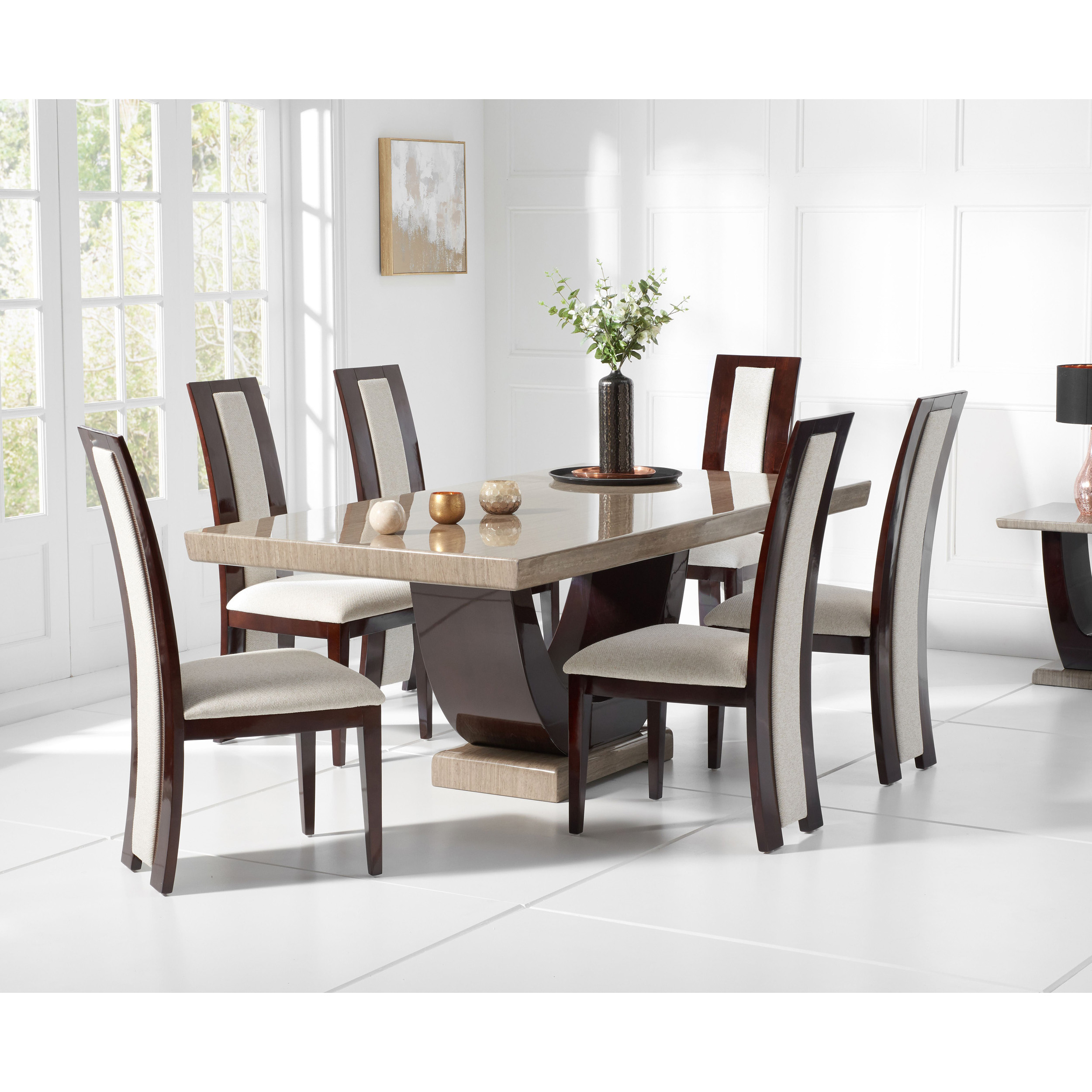 Raphael 170cm Brown Pedestal Marble Dining Table with Raphael Chairs by