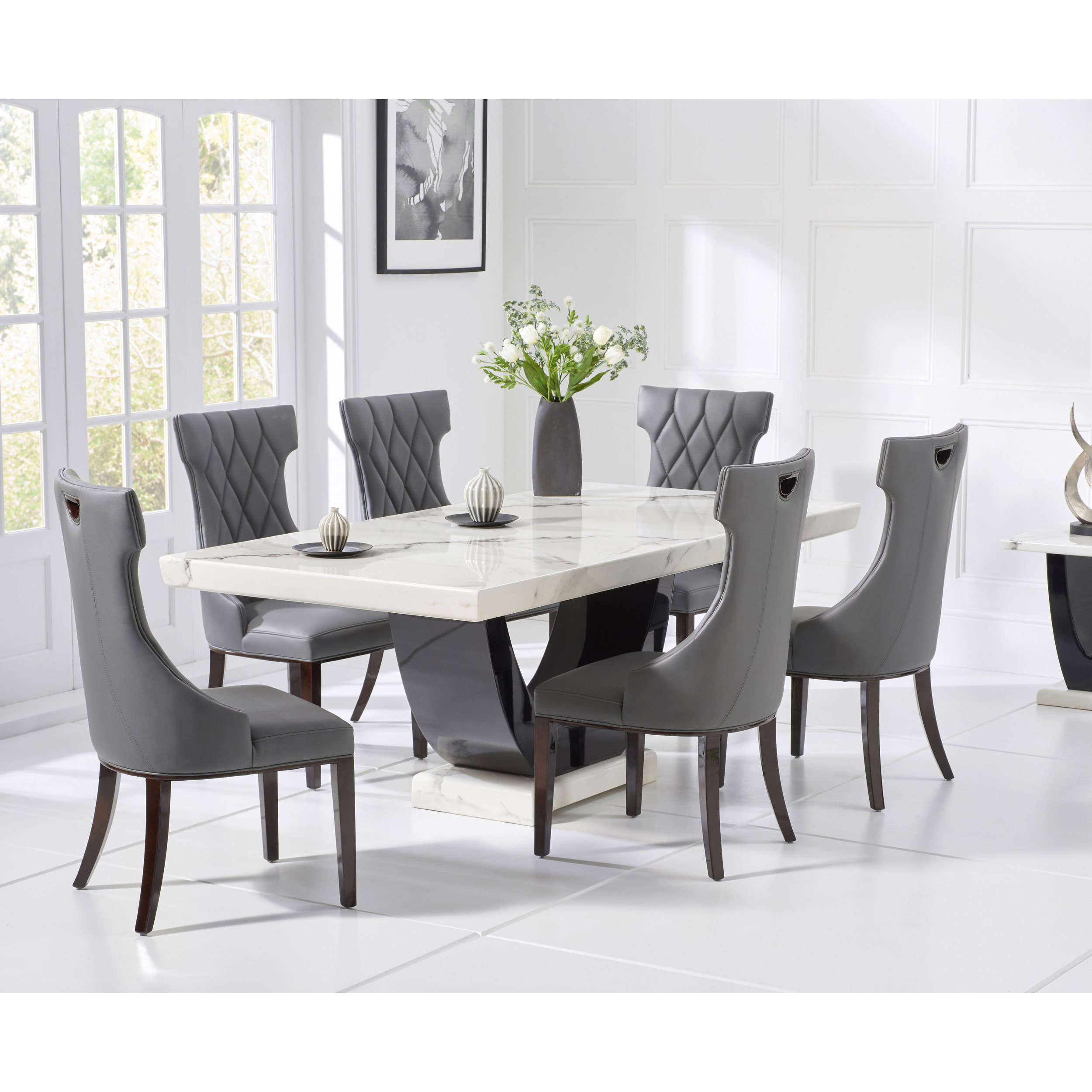 Raphael 170cm White and Black Pedestal Marble Dining Table with Freya Chairs by Great Furniture