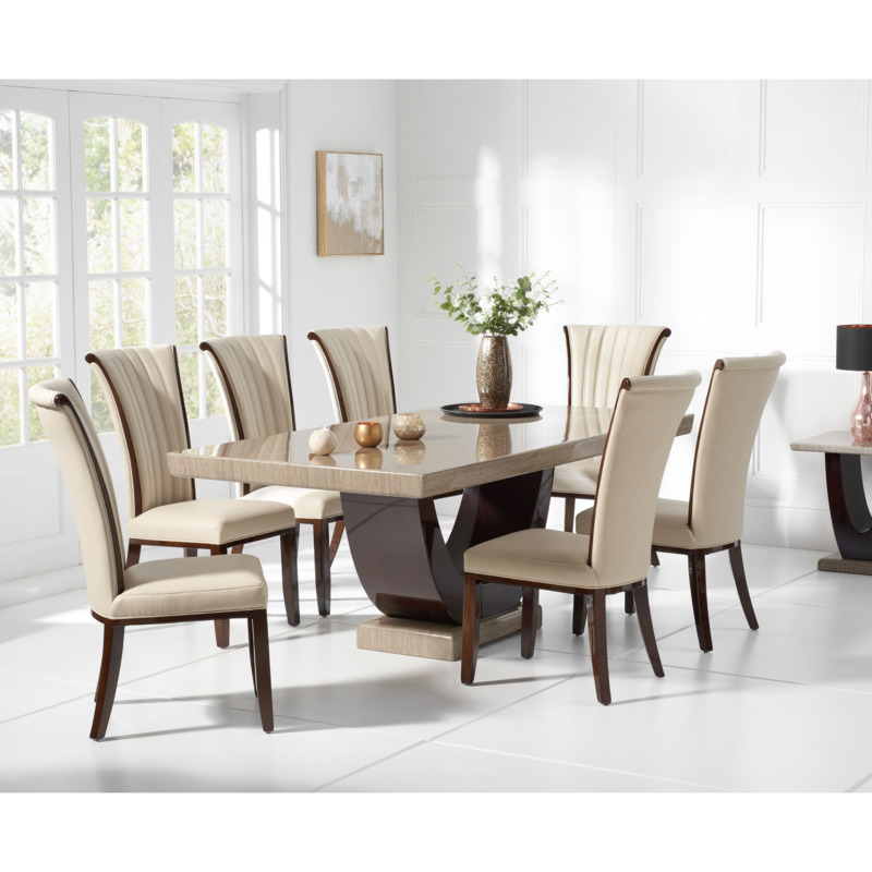 Raphael 200cm Brown Pedestal Marble Dining Table with Alpine Chairs by