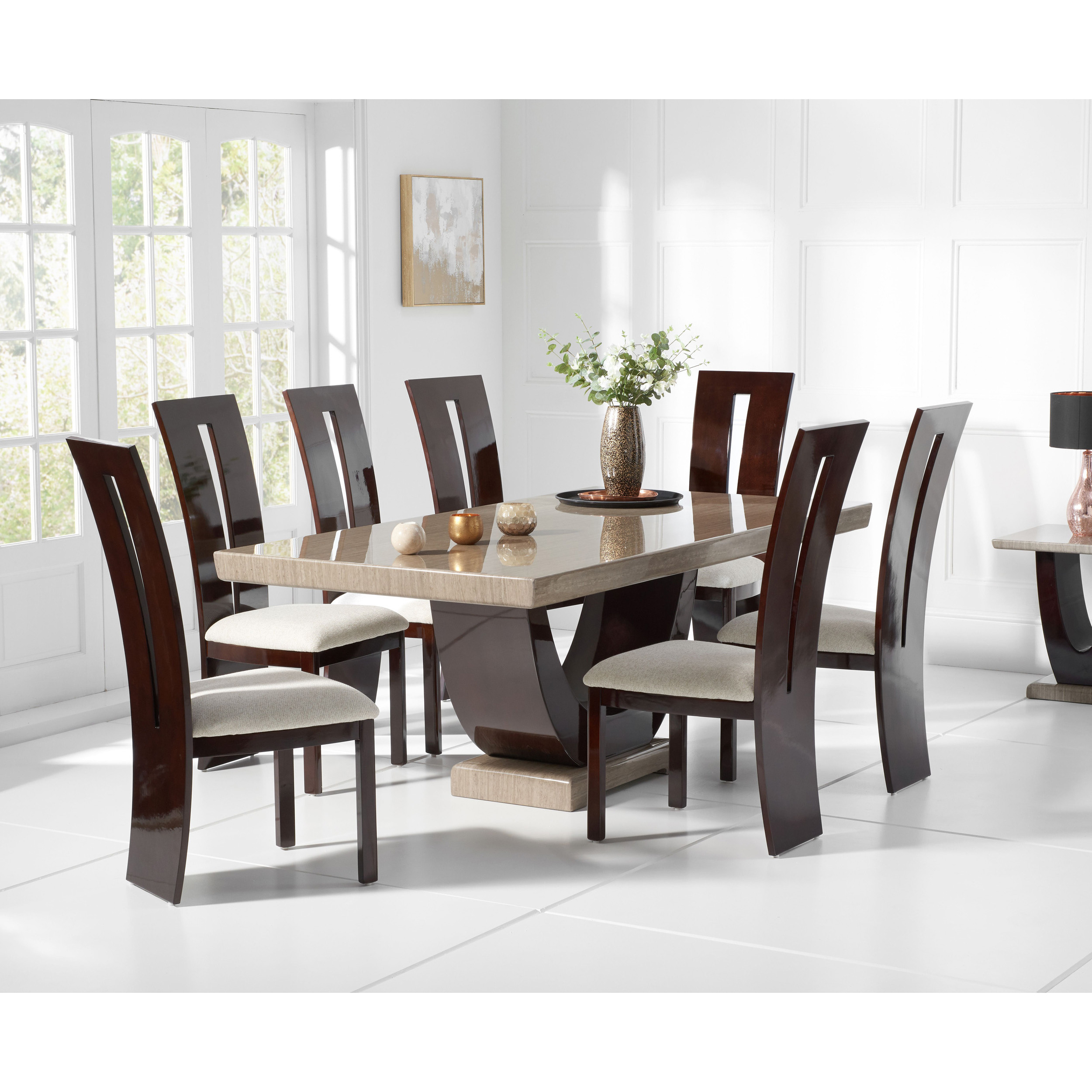 Raphael 200cm Brown Pedestal Marble Dining Table with Verbier Chairs by