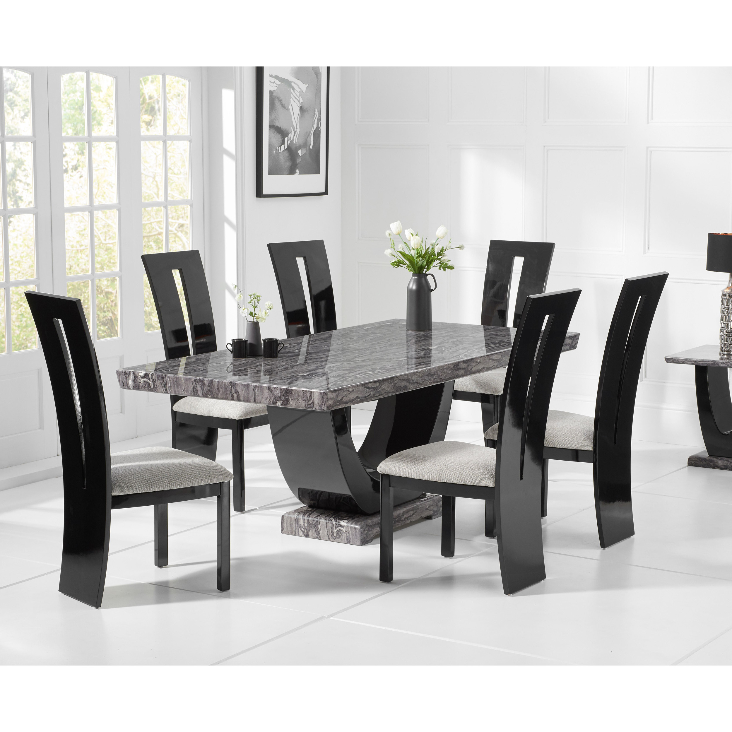 Raphael 200cm Dark Grey Pedestal Marble Dining Table with Verbier