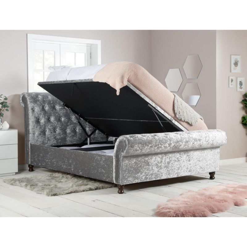 Castello Double SideOpening Ottoman Storage Scroll Sleigh Bed Grey Fabric 4ft6