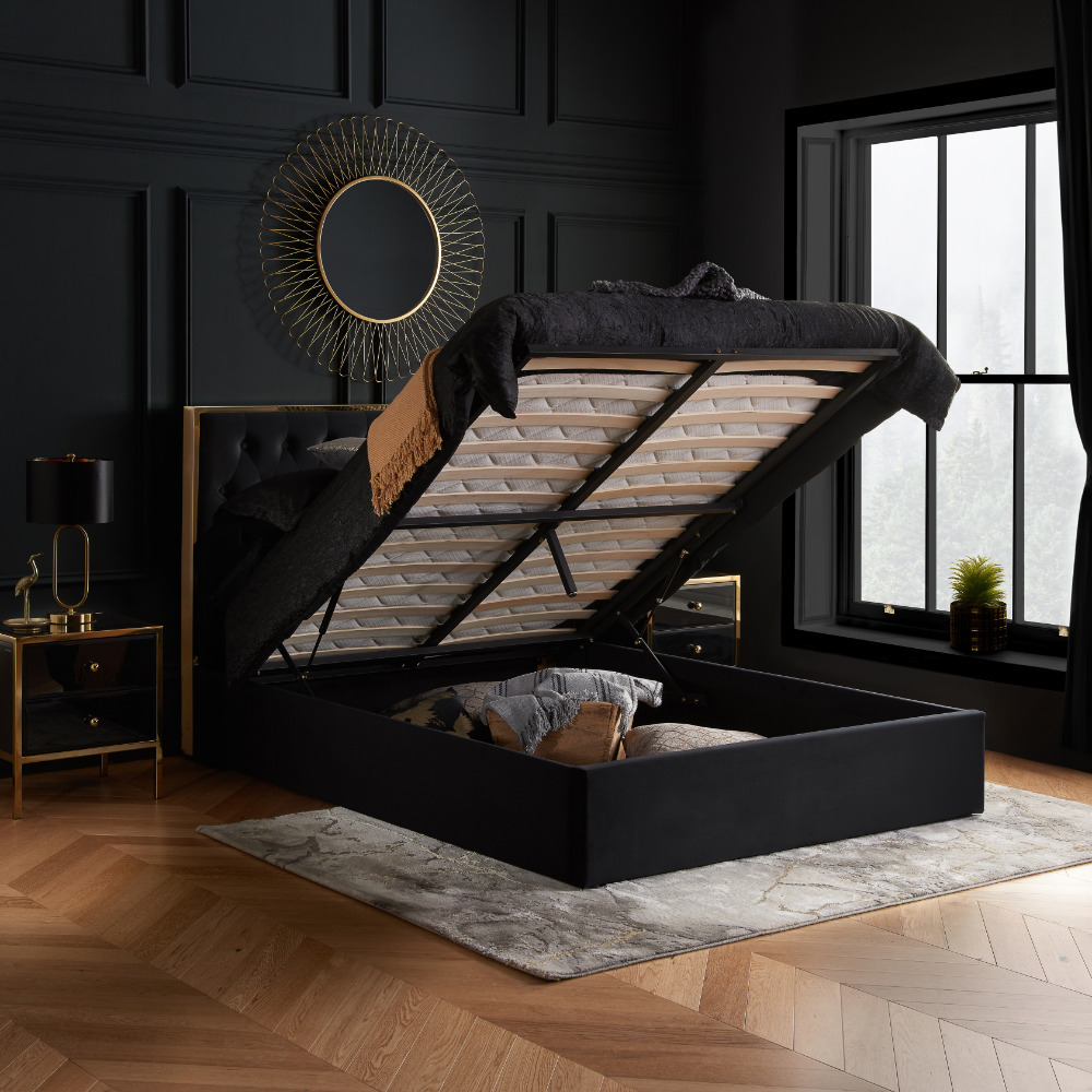 Walton King Size Ottoman Storage Bed Frame Black/Gold Velvet