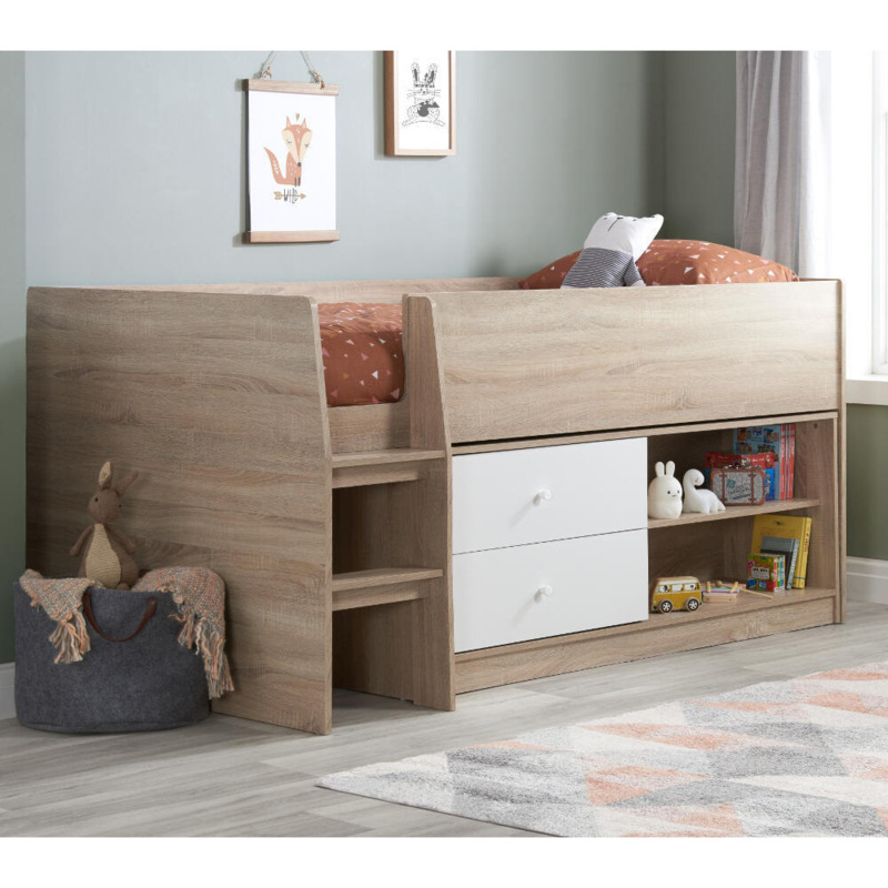 Leyton Single Kids Cabin Bed Storage White and Oak Wooden