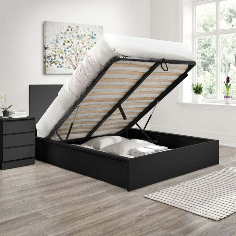 Oslo King Size Ottoman Storage Bed Black Wooden 5ft Happy