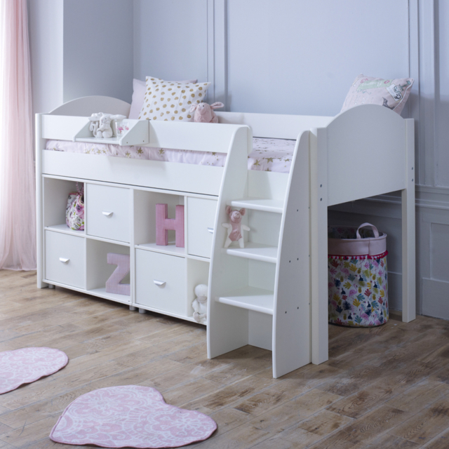 Eli - White Kids Mid Sleeper Bed with Two Shelves - Wooden - Single ...