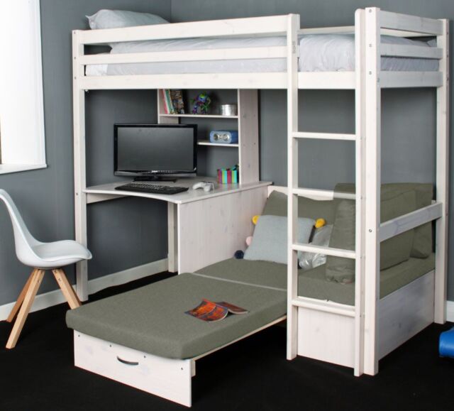 Hit - Kids High Sleeper Bed with Silver Futon Bed - White - Wooden ...