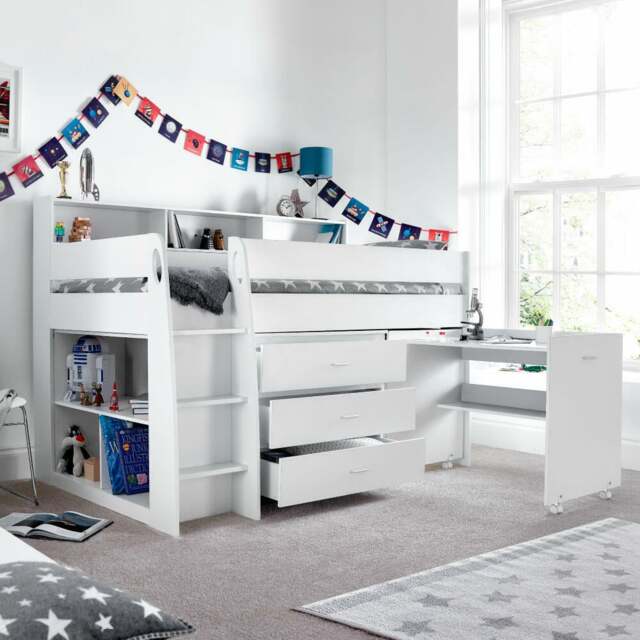 Ersa - Single - Kids Mid Sleeper Bed Bed - Storage and Desk - White ...
