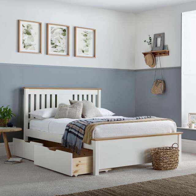 Chester - Double - 4-Drawer Storage Bed - White and Oak - Wooden - 4ft6 ...