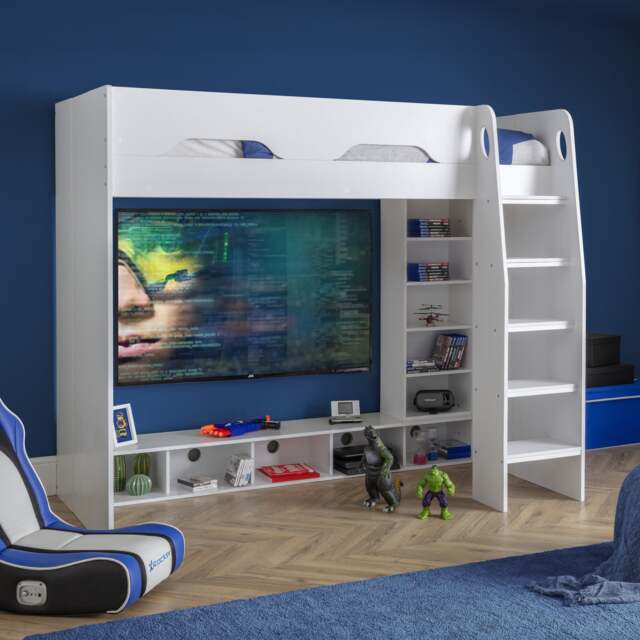 Galaxy - Single - Gaming High Sleeper Bed - White - Wood - 3ft - Happy ...