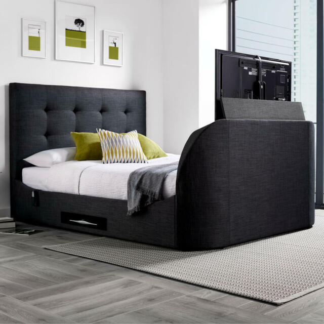 Lannister - Super King Size - Electric TV Bed - Dark Grey - Fabric - 6ft - Happy Beds by Happy ...