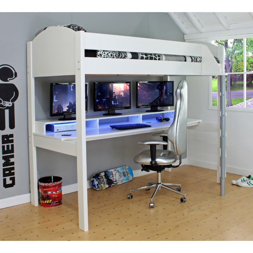 Noah - Single - Gaming High Sleeper Bed - Desk - White - Wooden - 3ft ...