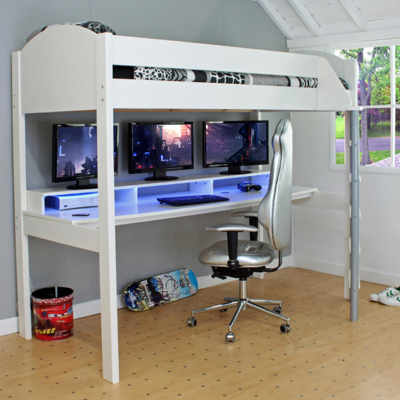 Noah - Single - Gaming High Sleeper Bed - Desk - White - Wooden - 3ft ...