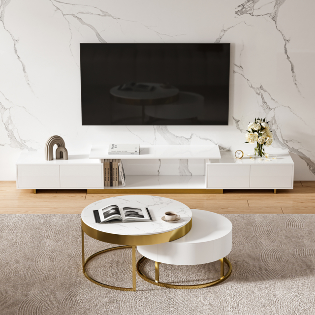 Tv Table Extension Glossy Extendable TV Stand & Nesting Coffee Table Set by Homary ...