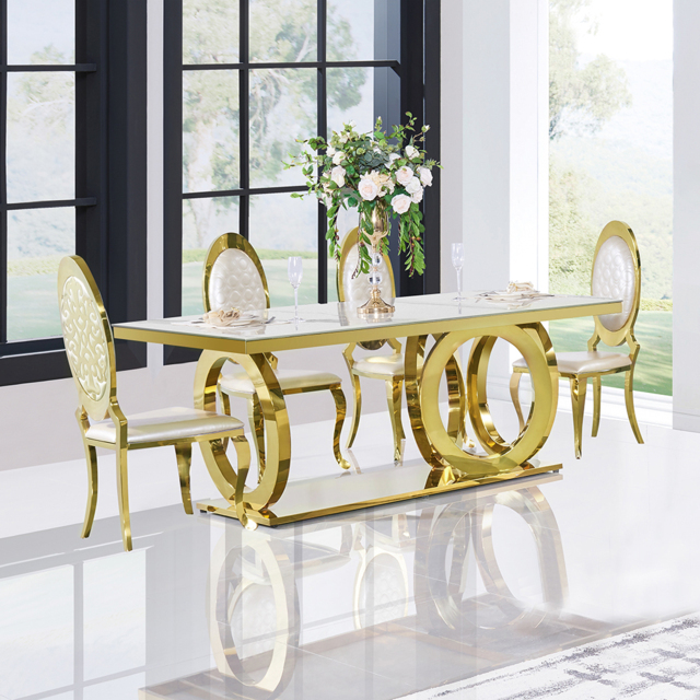"79"" Rectangle Marble Dining Table Stainless Steel Base in Luxury Gold ...