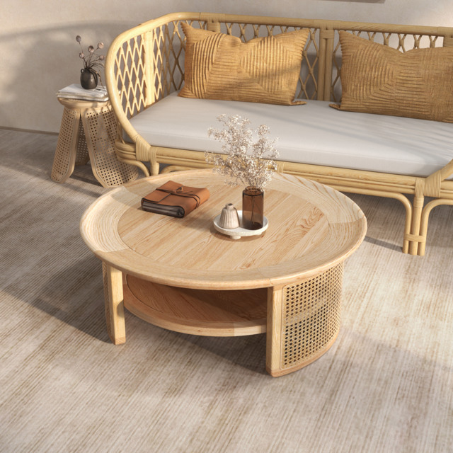 2-Tiered Japandi Round Wood Coffee Table with Rattan Base by