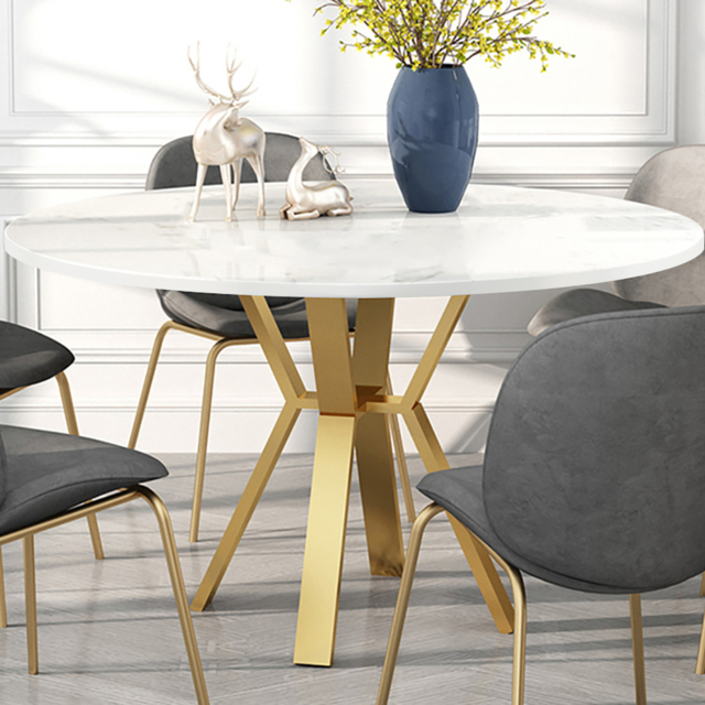 White Round Faux Marble Dining Table Modern Table for Dining with Metal ...