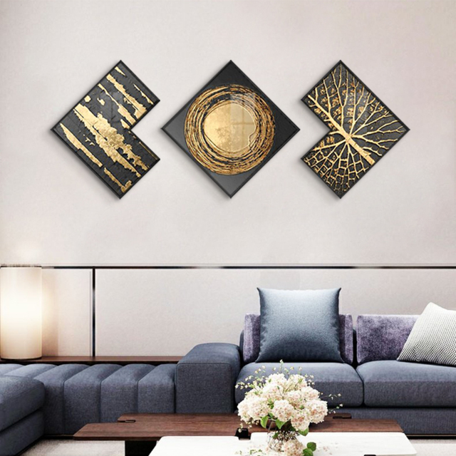 Picture of Modern Gold & Black Abstract Wall Art Set of 3 Luxury Textured Wall ...