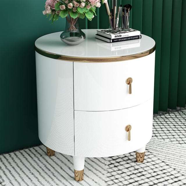2-Drawer Round Bedside Table Modern White Bedside Table in Gold Finish ...