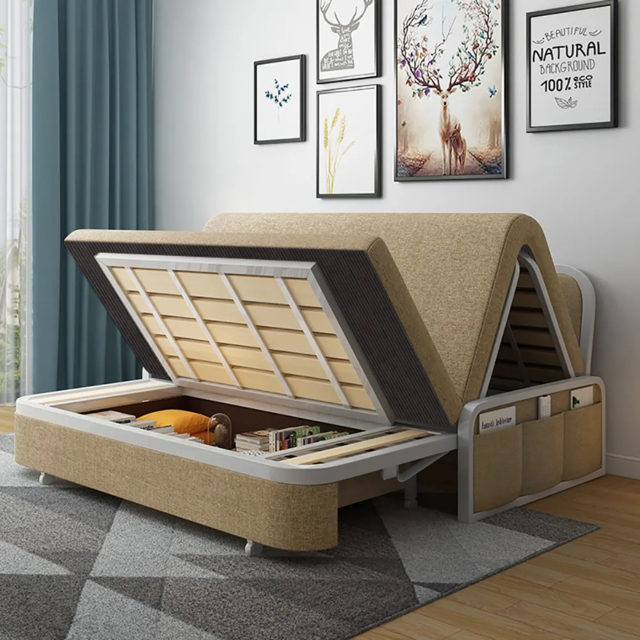 "60"" Modern Khaki Convertible Sofa Bed with Storage Cotton & Linen ...